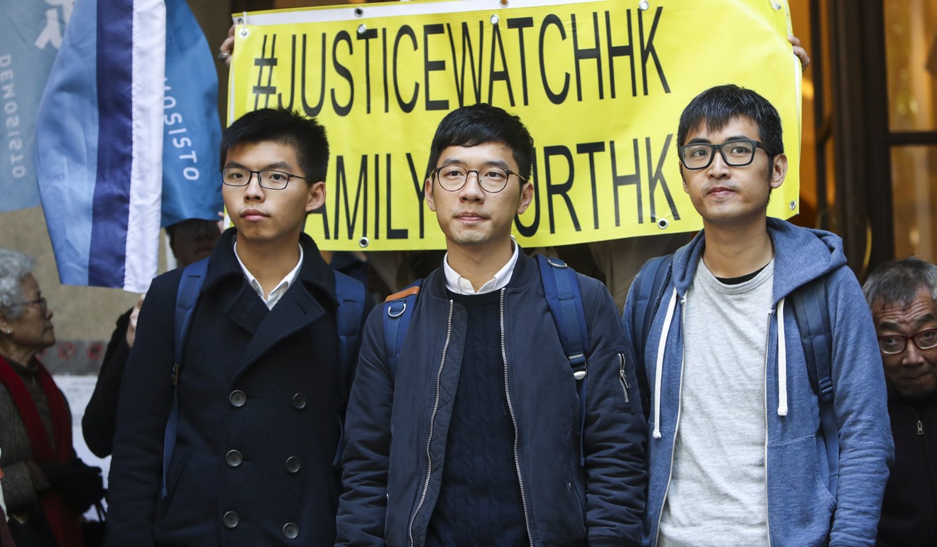Joshua Wong, Nathan Law and Alex Chow were jailed by the Court of Appeals in August last year, Wong and Law for unlawful assembly and Chow for incitement to assemble unlawfully. Photo: Winson Wong
