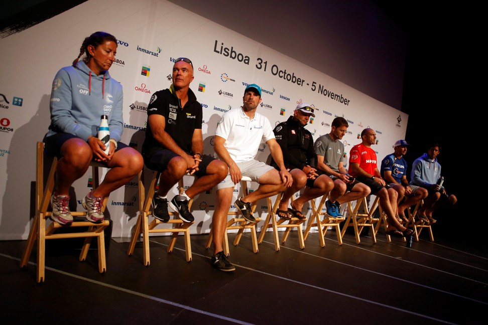 Caffari of Turn the Tide on Plastic (L) attends a media conference with the other skippers ahead of the beginning of the race. Photo: Reuters