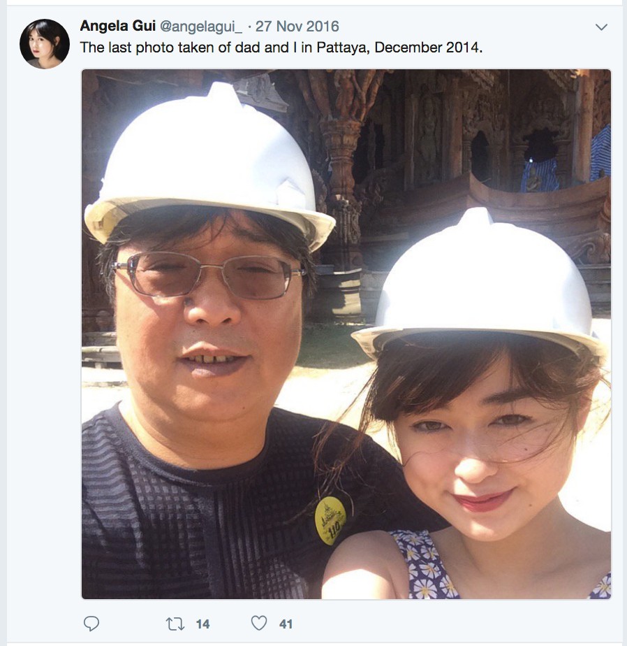 Angela Gui with her father Gui Minhai in a Twitter post from 2016 captioned, “The last photo taken of Dad and I in Pattaya, December 2014”. Photo: Angela Gui