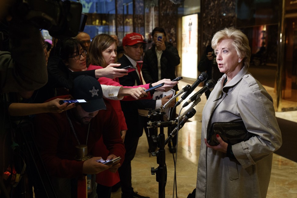 Linda McMahon talks with reporters after a meeting with President-elect Donald Trump at Trump Tower in New York. Photo; AP