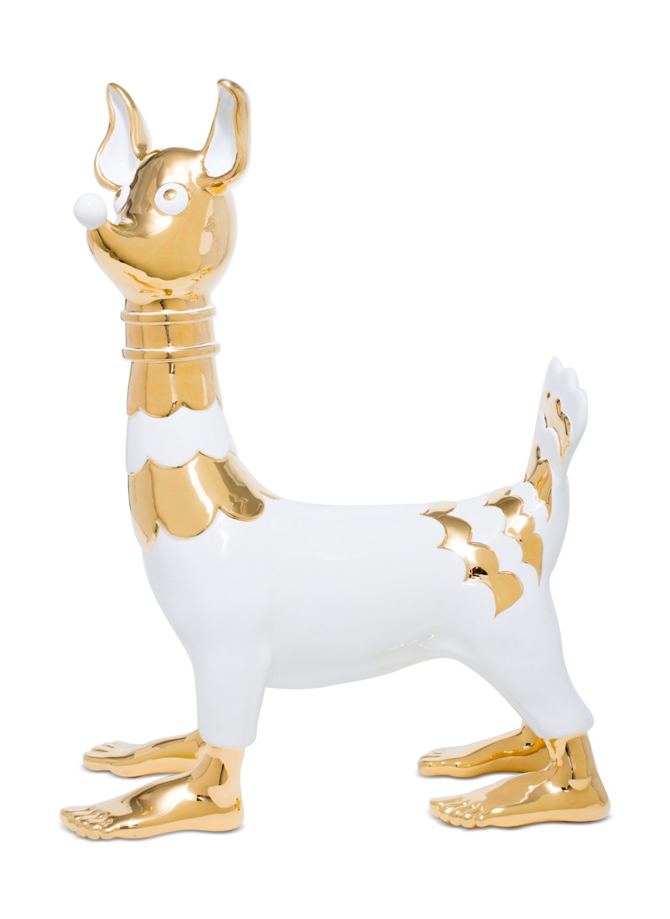 Matteo Cibic Studio. Made from white ceramic with 24ct gold finish, this limited-edition Luky Dog sculpture is 73cm tall. It is part of the II Paradiso dei Sogni collection, HK$16,800