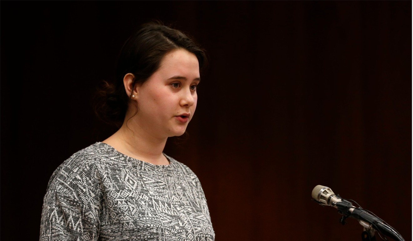 Eve Petrie, one of Nassar’s victims, speaks in court on Wednesday. Photo: AFP