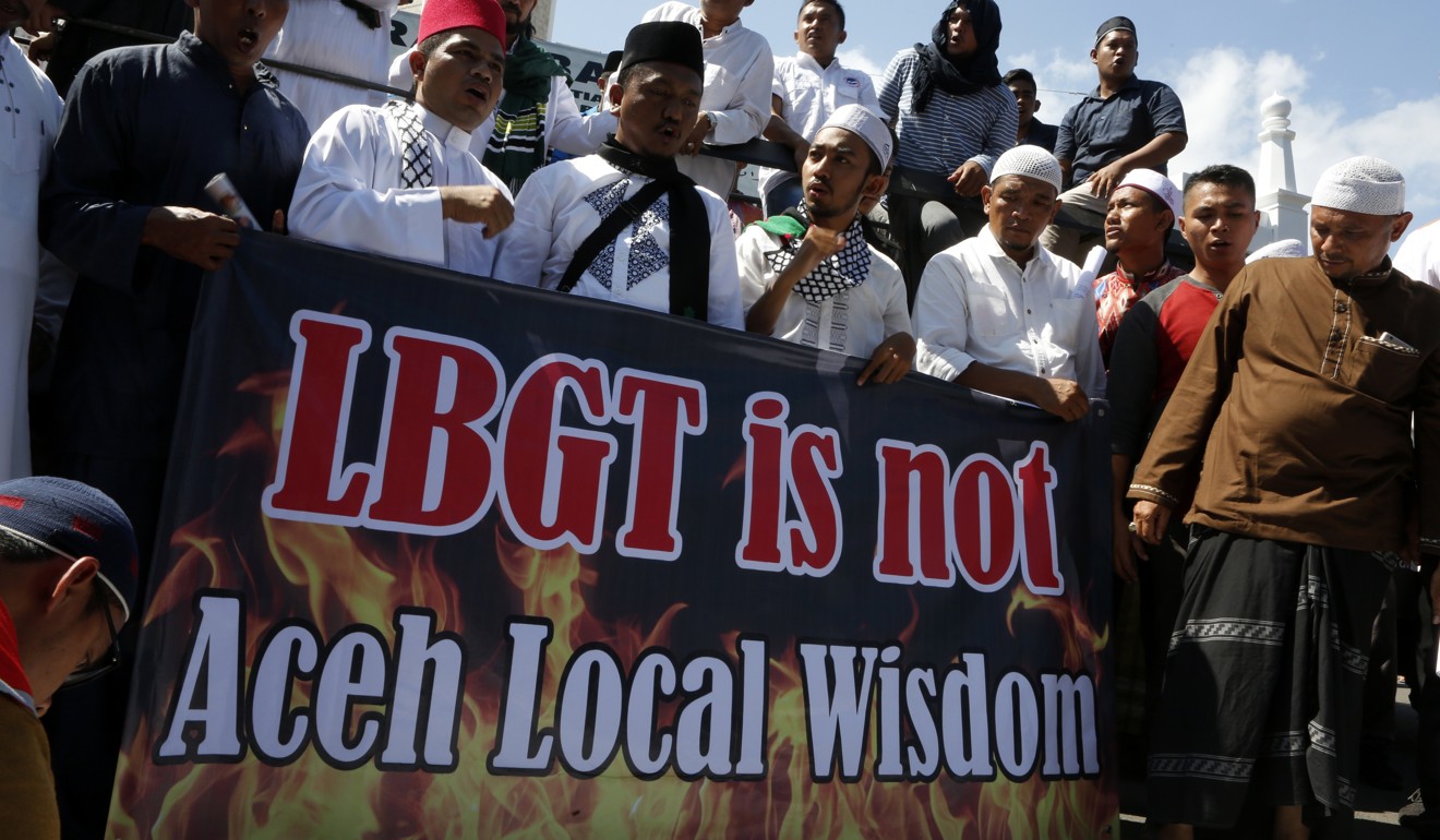 Muslim activists at an anti-LGBT rally in Banda Aceh, Indonesia. Photo: EPA