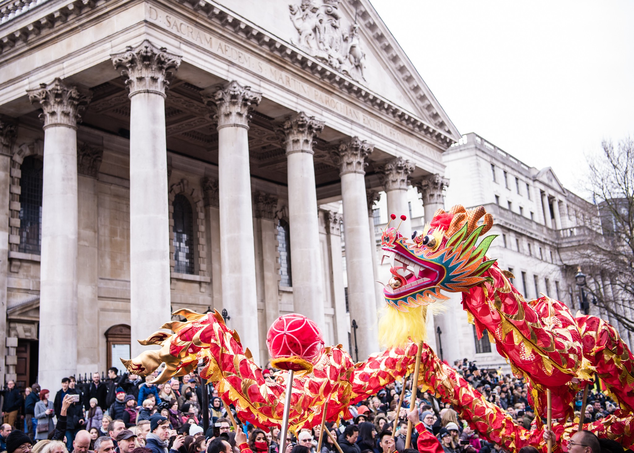 A dragon float forms part of the Lunar New Year parade as it passes the National Gallery in Trafalgar Square in London in 2017.