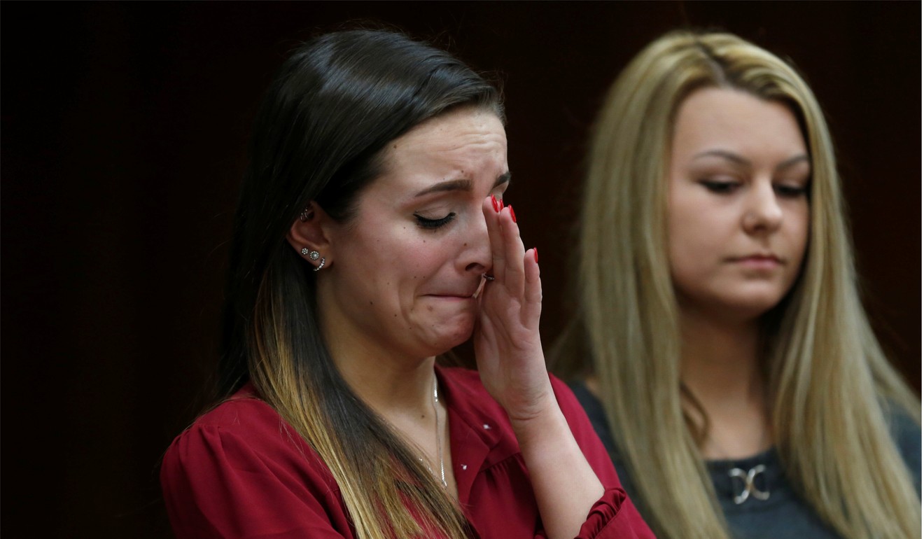 Kaitlyn Basel (left) gives a victim impact statement during the sentencing hearing of Larry Nassar in the Eaton County Court in Charlotte, Michigan on February 2, 2018. Photo: Reuters