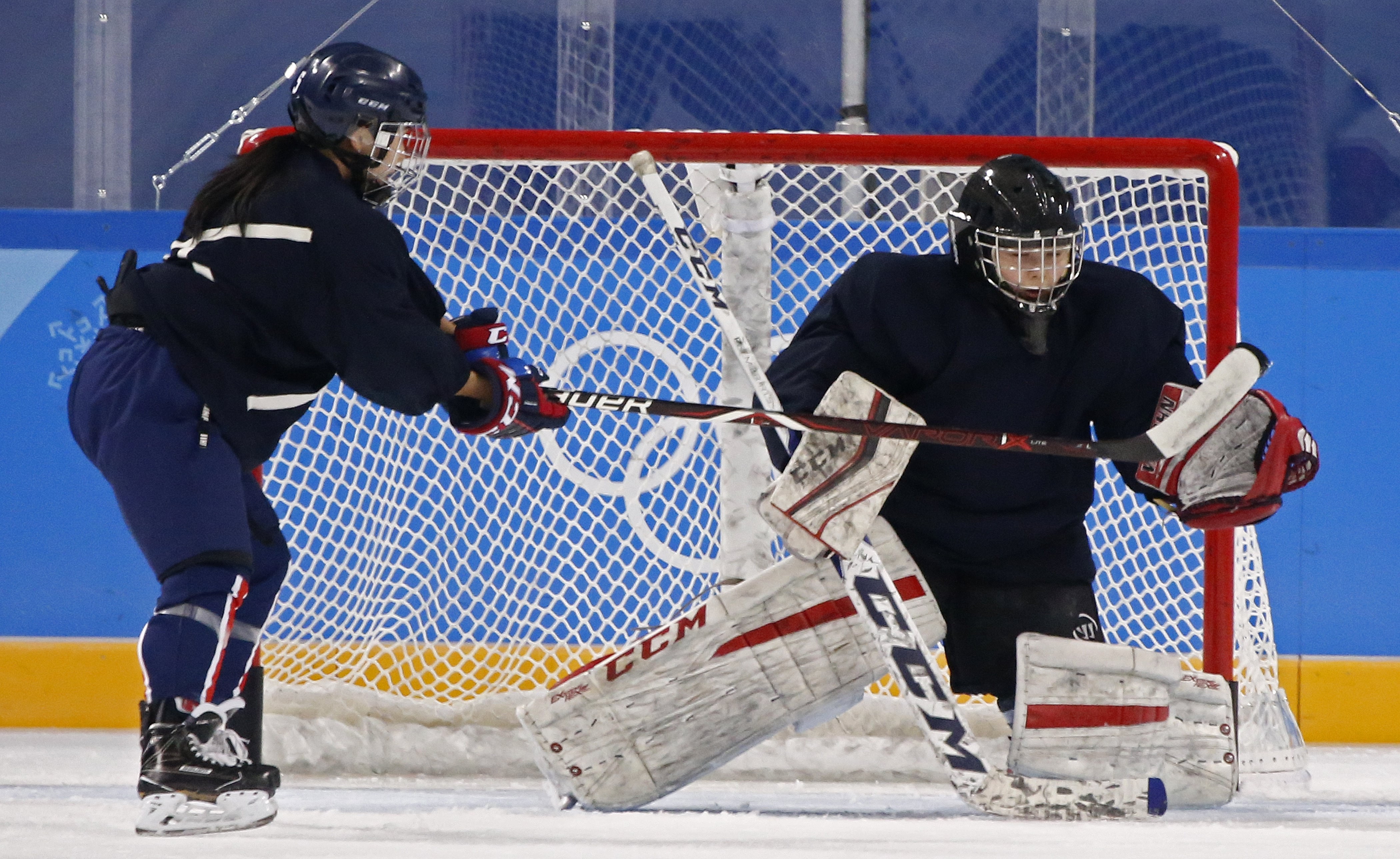Members of the unified Korean women's hockey team practise at the Kwandong Hockey Centre for the PyeongChang Winter Olympic Games 2018. The decision to field a unified team came after a meeting between North and South Korea, following tensions on Korean peninsula. Photo: EPA-EFE