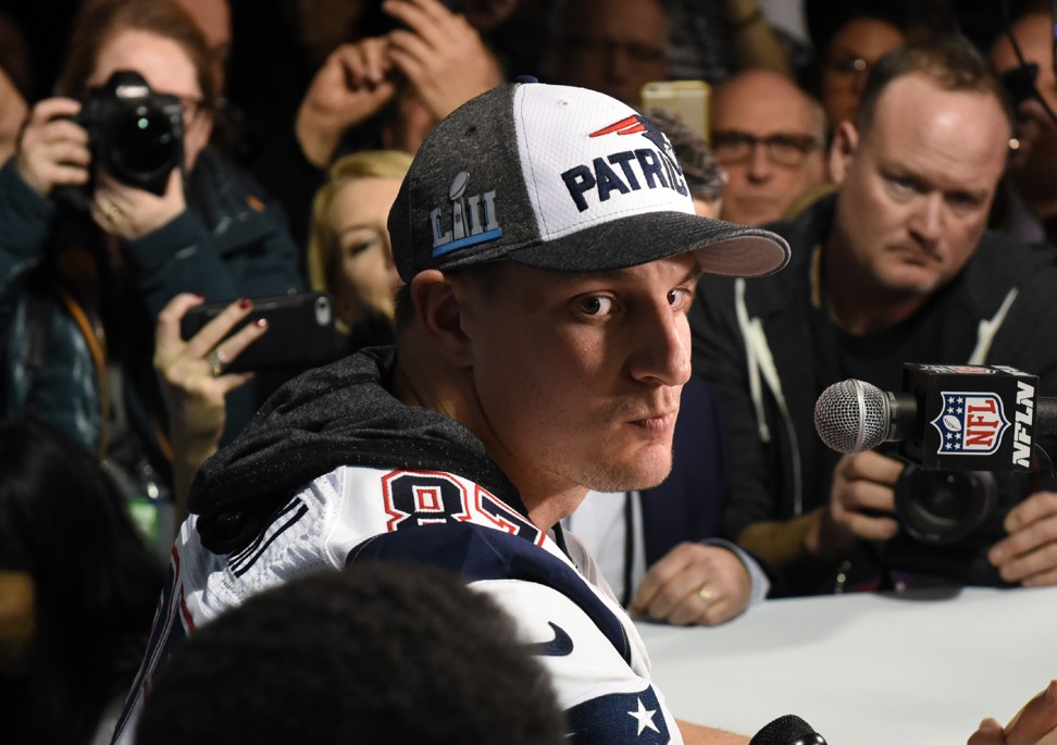Rob Gronkowski talks to the press during a media availability at the Super Bowl LII Media Centre. Photo: AFP