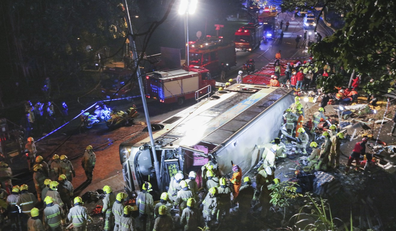 At least 19 people were killed and a dozen injured when the bus crashed on Tai Po Road after leaving the racecourse. Photo: Felix Wong