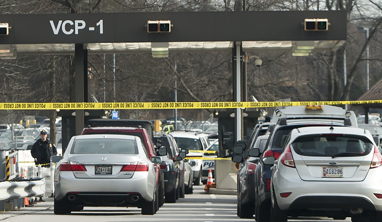 Police tape blocks a visitor's entrance to the headquarters of the National Security Agency (NSA) after a shooting incident at the entrance in Fort Meade, Maryland, on February 14, 2018. Photo: AFP