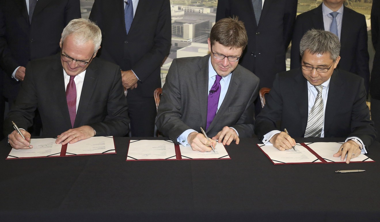 From left: Jean-Bernard Levy, chairman of EDF Group, Greg Clark and He Yu, chairman of CGN at a signing ceremony in London to finalise the deal to build Hinkley Point nuclear power station in September, 2016. Photo: Reuters