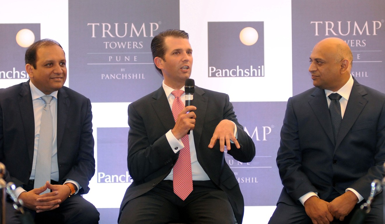 Donald Trump Jnr is seen with Panchshil Group Director Sagar Chordia (left) and Panchshil Group Chairman Atul Chordia during a promotional event for the Trump Towers complex in the Indian city of Pune on Wednesday. Photo: AFP