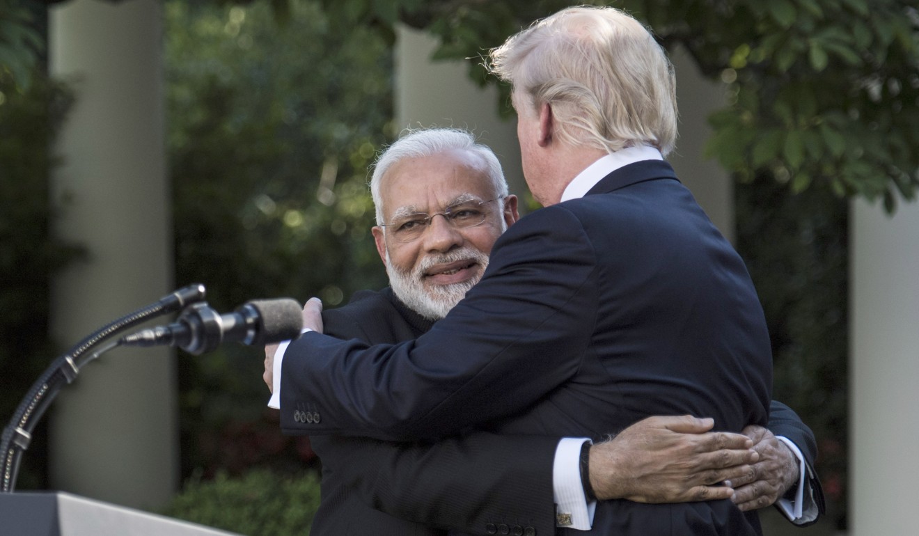 US President Donald Trump and Indian Prime Minister Narendra Modi embrace in June last year. Modi is speaking alongside Trump Jnr on Friday, adding to concerns among some that Trump Jnr’s visit looks like an official US government trip. Photo: Jabin Botsford/Washington Post