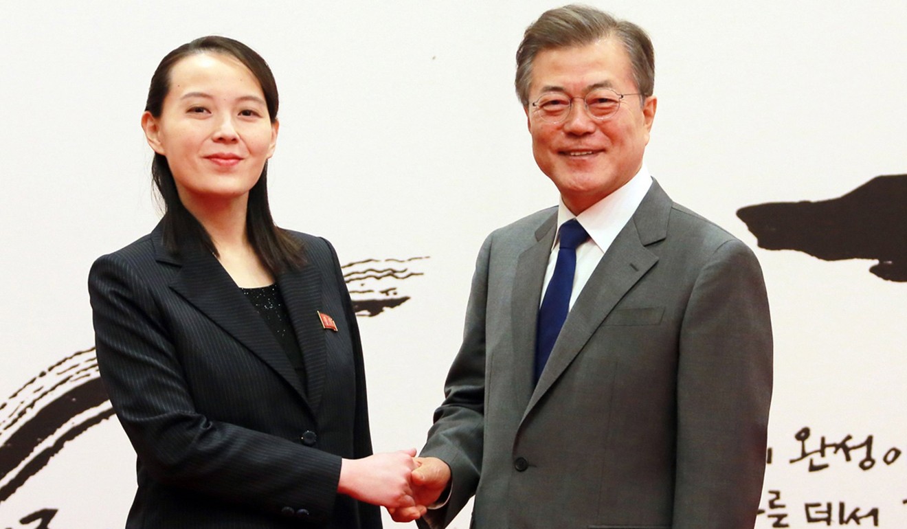 North Korean leader Kim Jong-un’s sister and special envoy Kim Yo-jong (left) met South Korean President Moon Jae-in at the start of the Winter Olympics in Pyeongchang. Photo: EPA