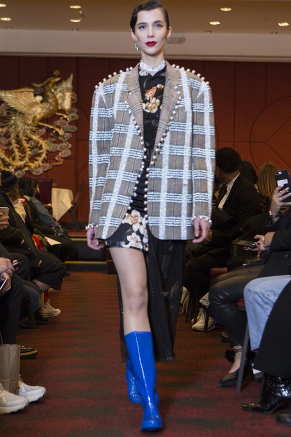Blue boots and oversized jacket from Snow Xue Gao for autumn-winter.