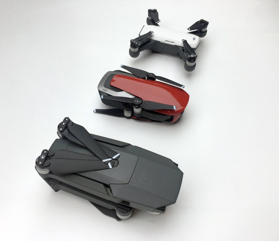 (bottom to top) DJI's Mavic Pro, Mavic Air, and Spark drones. Founded by University of Science and Technology’s alumnus Frank Wang, DJI is now the world’s dominant maker of recreational drones. Photo: SCMP/ Josh Ye