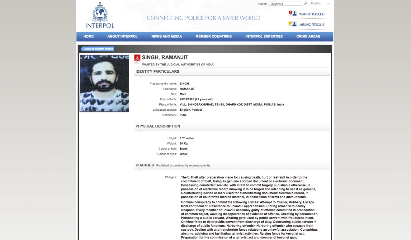 A screenshot of the notice that Interpol released for Singh’s arrest. Photo: Interpol