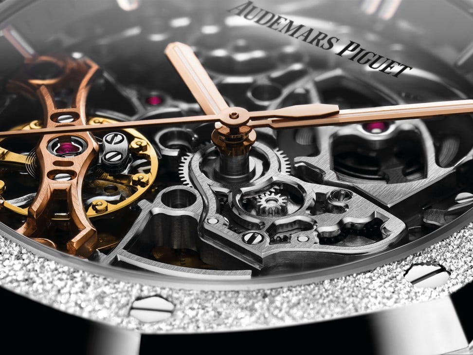 Audemars Piguet collaborated with jewellery designer Carolina Bucci on this Frosted Gold Royal Oak Double Balance Wheel Openworked. The ancient Florentine gold hammering technique can be seen on the bezel of the timepiece. 