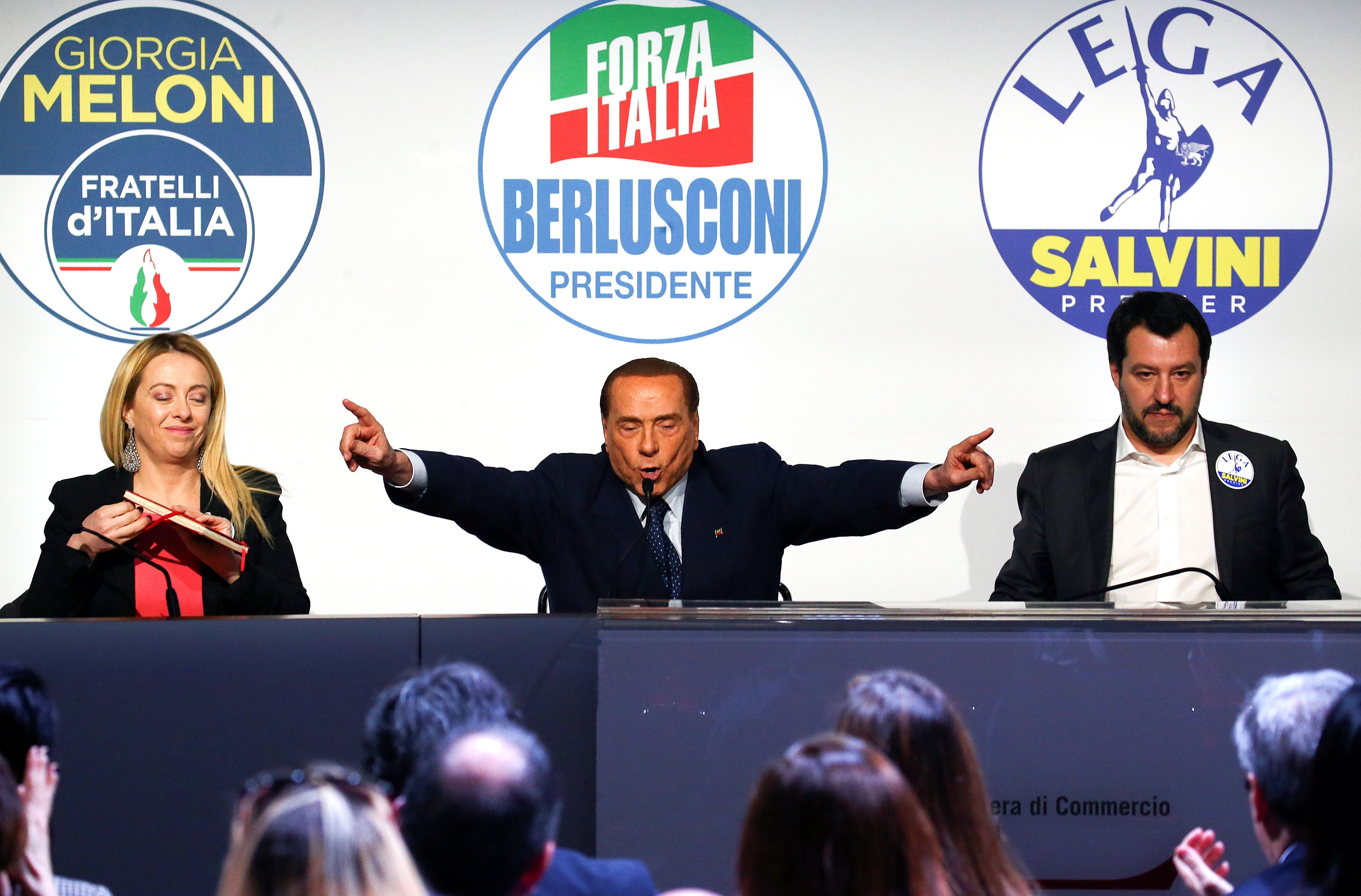 Forza Italia leader Silvio Berlusconi speaks flanked by Fratelli D’Italia party leader Giorgia Meloni and La Lega (Northern League) leader Matteo Salvini during a meeting in Rome on March 1, 2018. Photo: Reuters