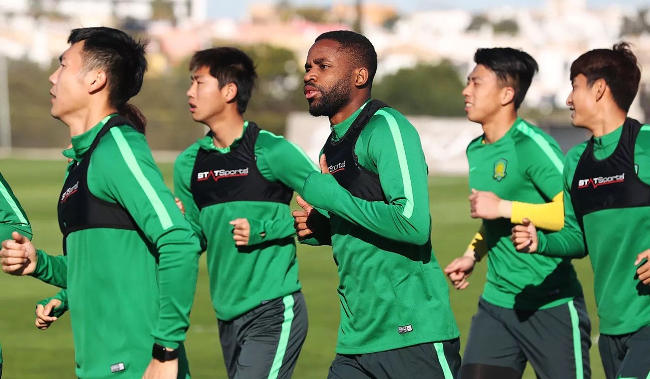Cedric Bakambu trains with Beijing Guoan ahead of the 2018 Chinese Super League season. Photo: AFP