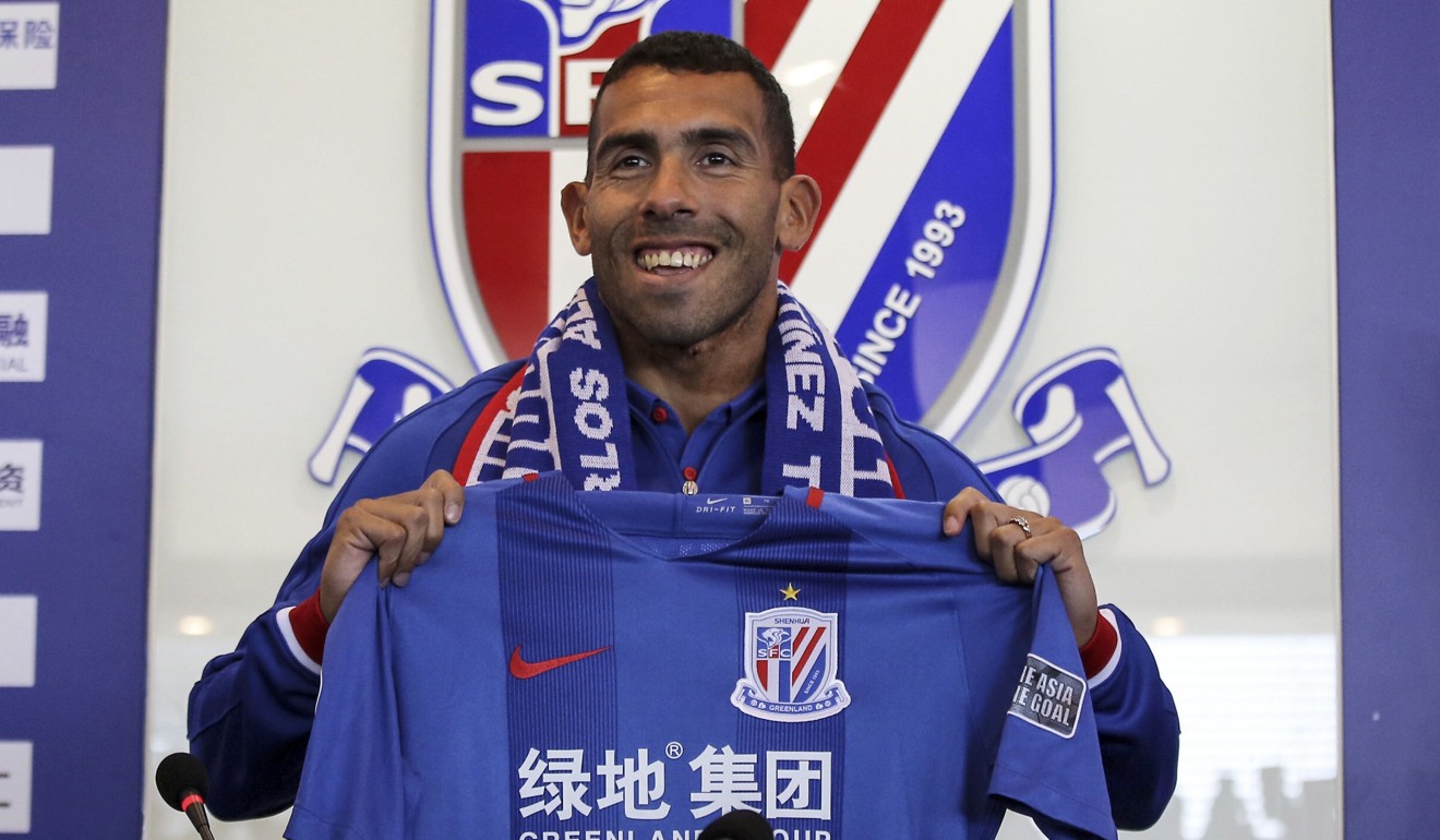 Argentine striker Carlos Tevez with a Shanghai Shenhua shirt. Photo: AFP