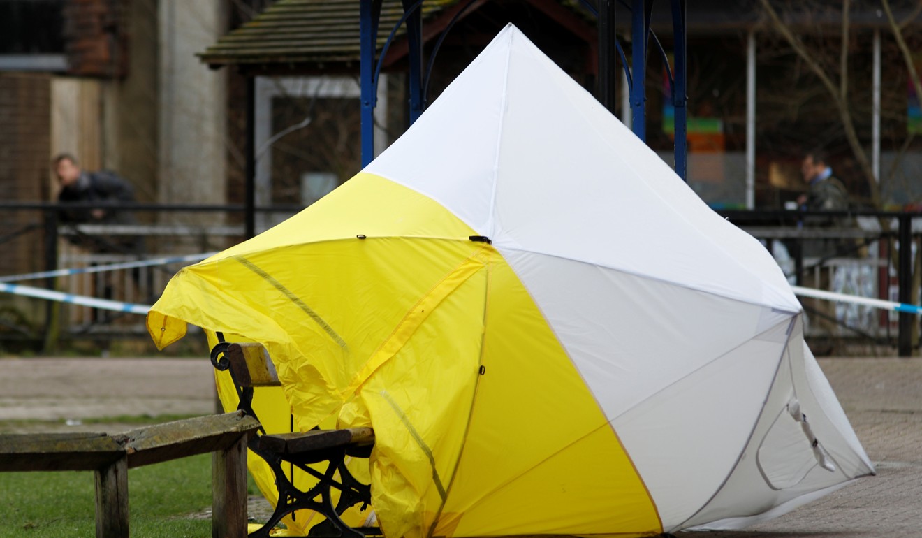 The forensic tent, covering the bench where Sergei Skripal and his daughter Yulia were found. Photo: Reuters