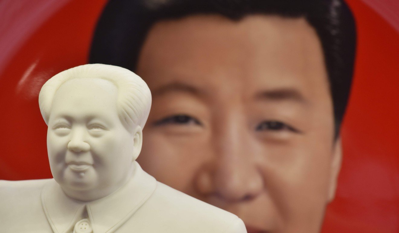 A decorative plate featuring an image of Chinese President Xi Jinping is seen behind a statue of Mao Zedong at a souvenir store next to Tiananmen Square in Beijing on February 27. Xi is considered China’s most powerful leader since Deng Xiaoping in the 1970s and 80s, if not since Mao’s peak. Photo: AFP 