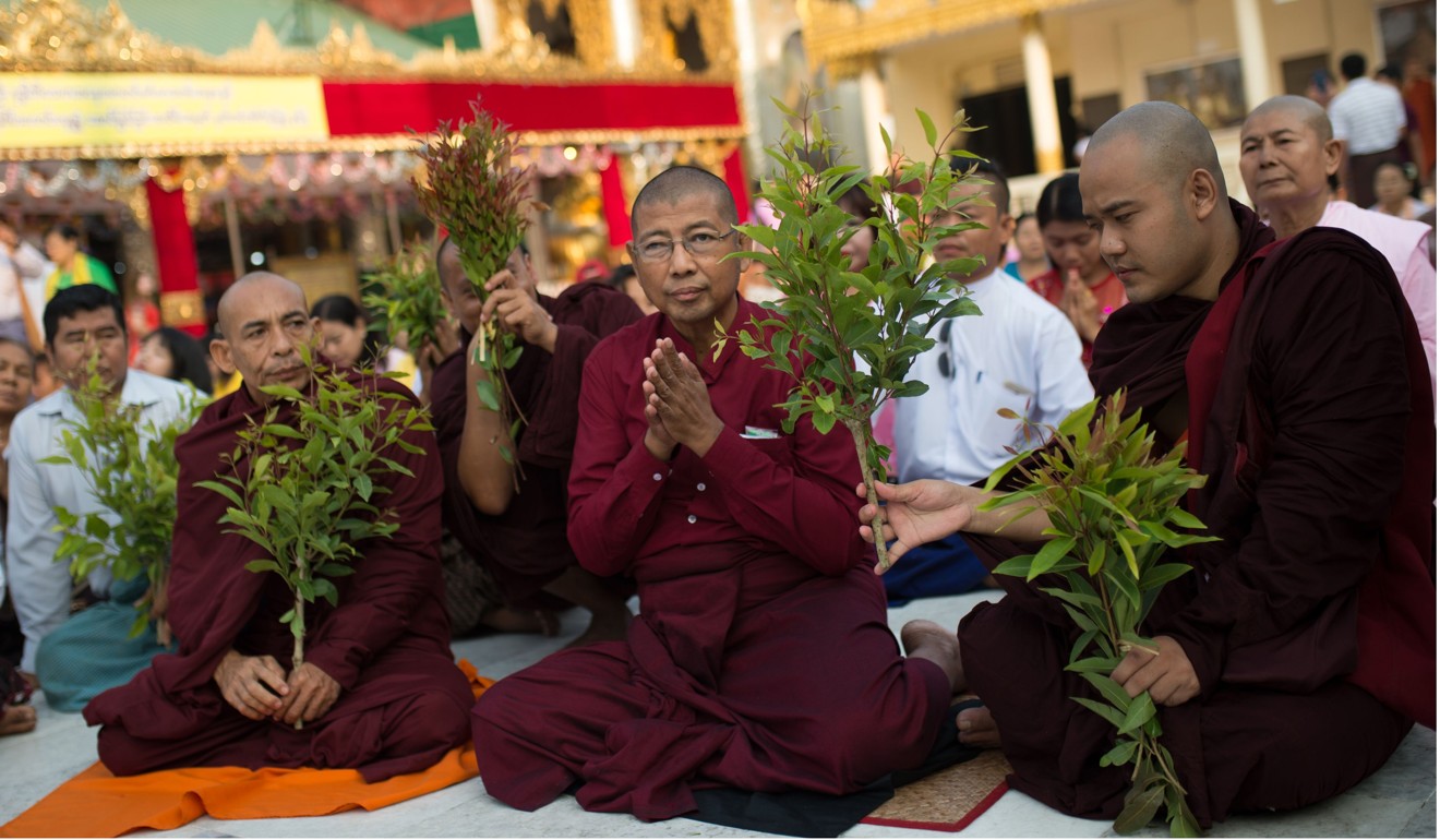 Pamaukkha prays in Shwedagon pagoda in Yangon after being released from prison. Photo: AFP