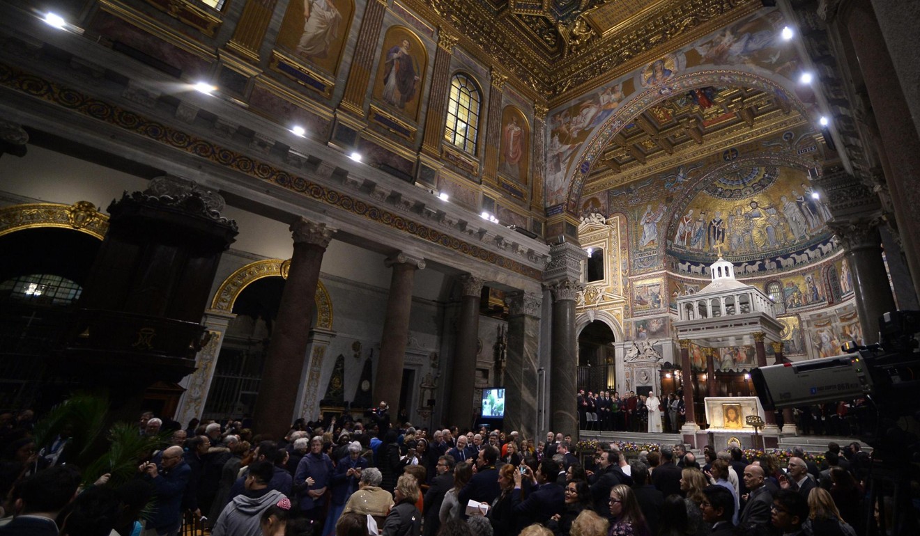Pope Francis meets with the St Egidio charity to mark the 50th Anniversary of its foundation at Santa Maria in Trastevere basilica in Rome on March 11 2018. Photo: EPA-EFE/POOL