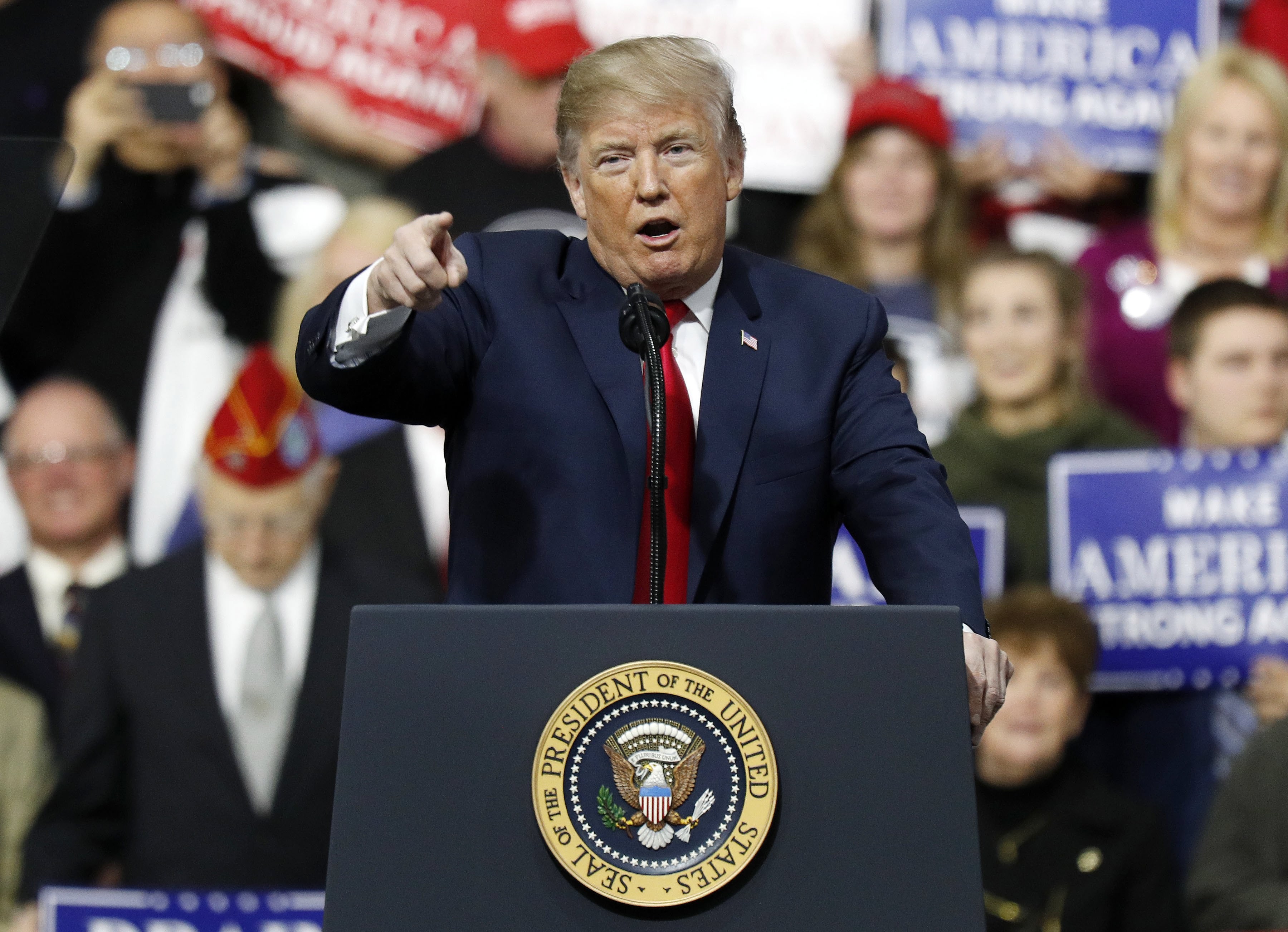 US President Donald Trump speaks during a campaign rally at Atlantic Aviation in Pennsylvania on March 10. Photo: EPA-EFE