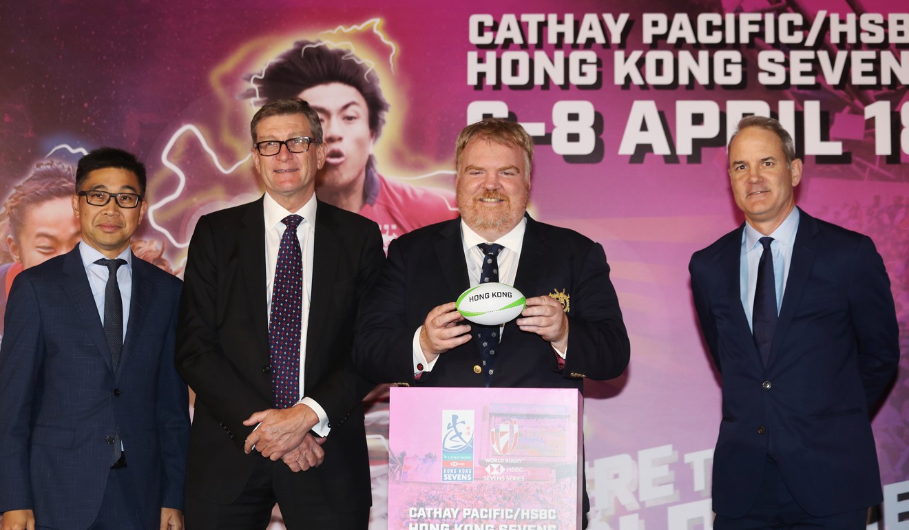 Paul Cheng, principal assistant Secretary for Home Affairs (Recreation and Sport); David Morton, of HSBC, Patrick Donovan, of Hong Kong Rugby Union and Cathay Pacific’s Simon Large at the draw.