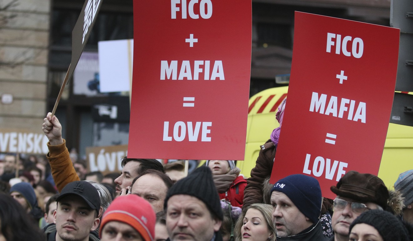 Demonstrators called for Slovakian Prime Minister Robert Fico to quit after allegations of links to Italian mafia and the murder of an investigative journalist. Photo: AP