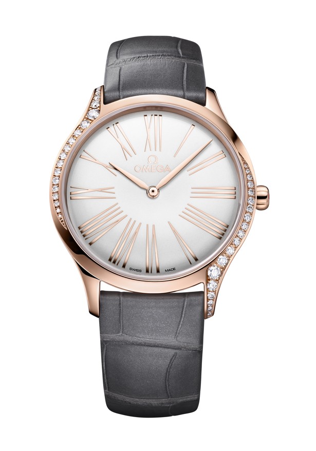 Omega’s 36mm De Ville Trésor features 18ct Sedna gold with a lacquered opaline silver dial and grey leather straps.