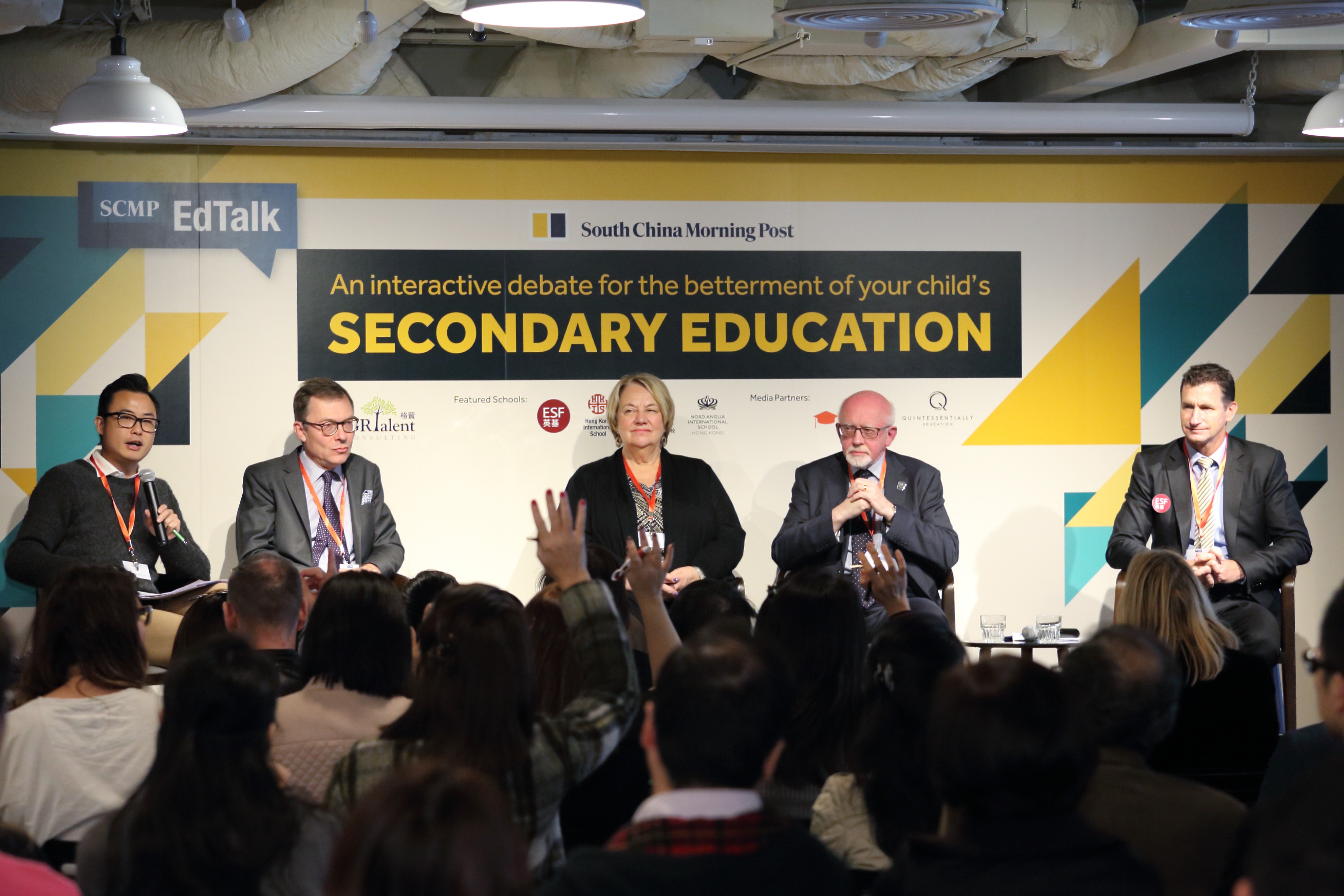 From left: Ginn Fung, SCMP Education Editor (moderator); Robin Lister, founding headmaster of Malvern College Hong Kong; Natalie Broderick, director of student services at Hong Kong International School; Brian Cooklin, principal of Nord Anglia International School; and Mark Blackshaw, principal at King George V.