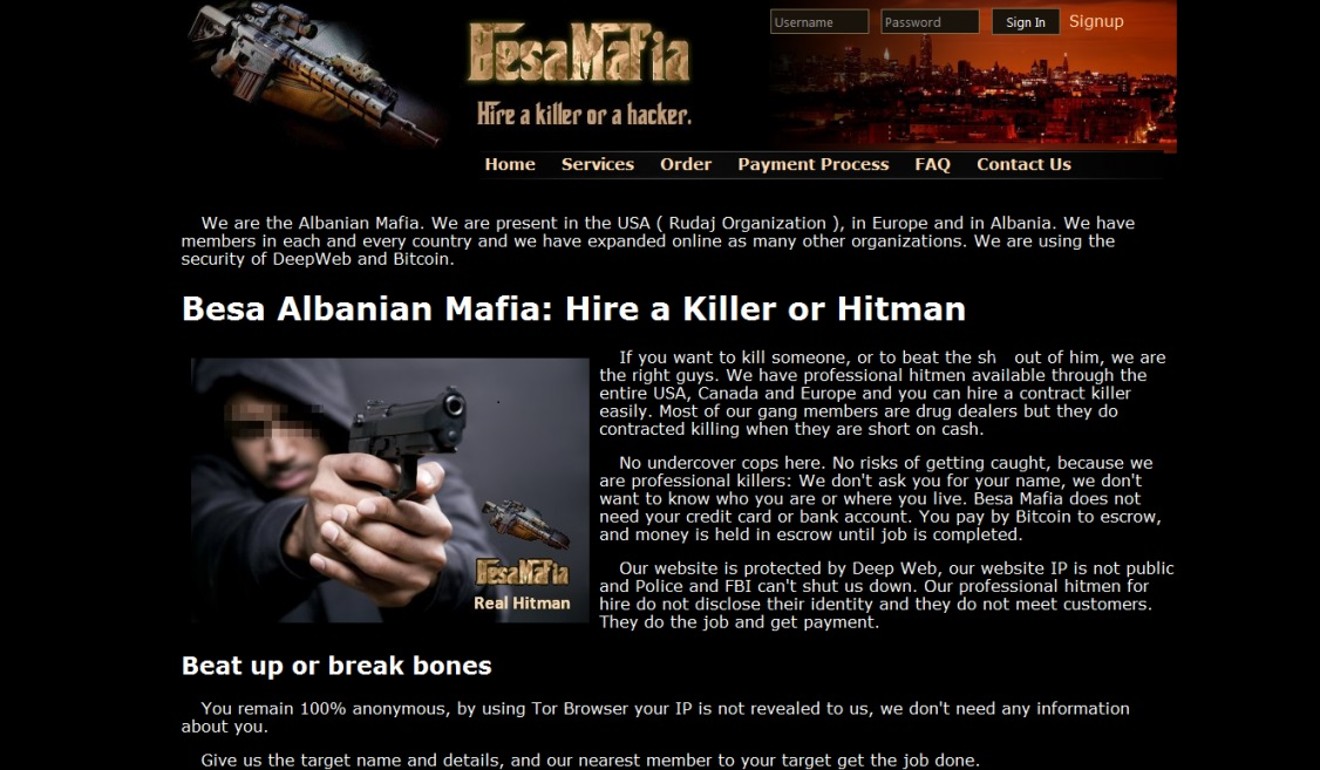 The Besa Mafia website claiming: “If you want to kill someone, or to beat the sh** out of him, we are the right guys.”