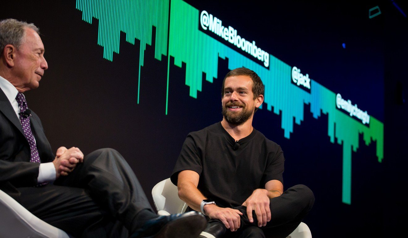 Jack Dorsey, co-founder and chief executive officer of Twitter Inc, right, smiles during a 2017 interview in New York, alongside Michael Bloomberg. Photo: Bloomberg