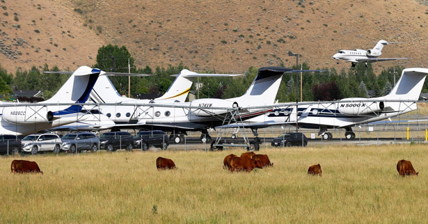 A private jet lands at the Sun Valley airport, joining dozens of other private and corporate jets already parked there, in Hailey, Idaho. Photo: Rick Wilking/Reuters