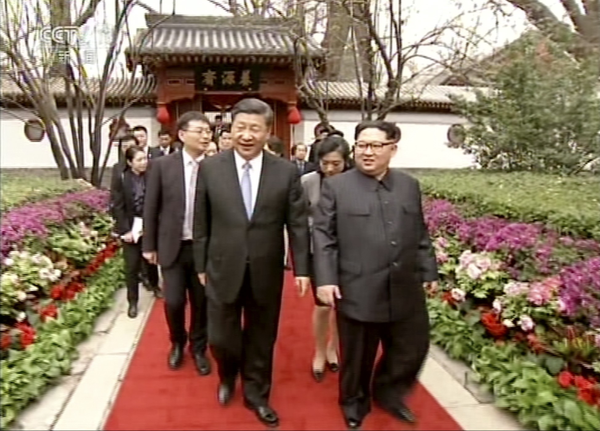 In this image taken from CCTV video footage, North Korean leader Kim Jong-un (right) and Chinese President Xi Jinping meet in Beijing this week. Photo: CCTV via AP Video