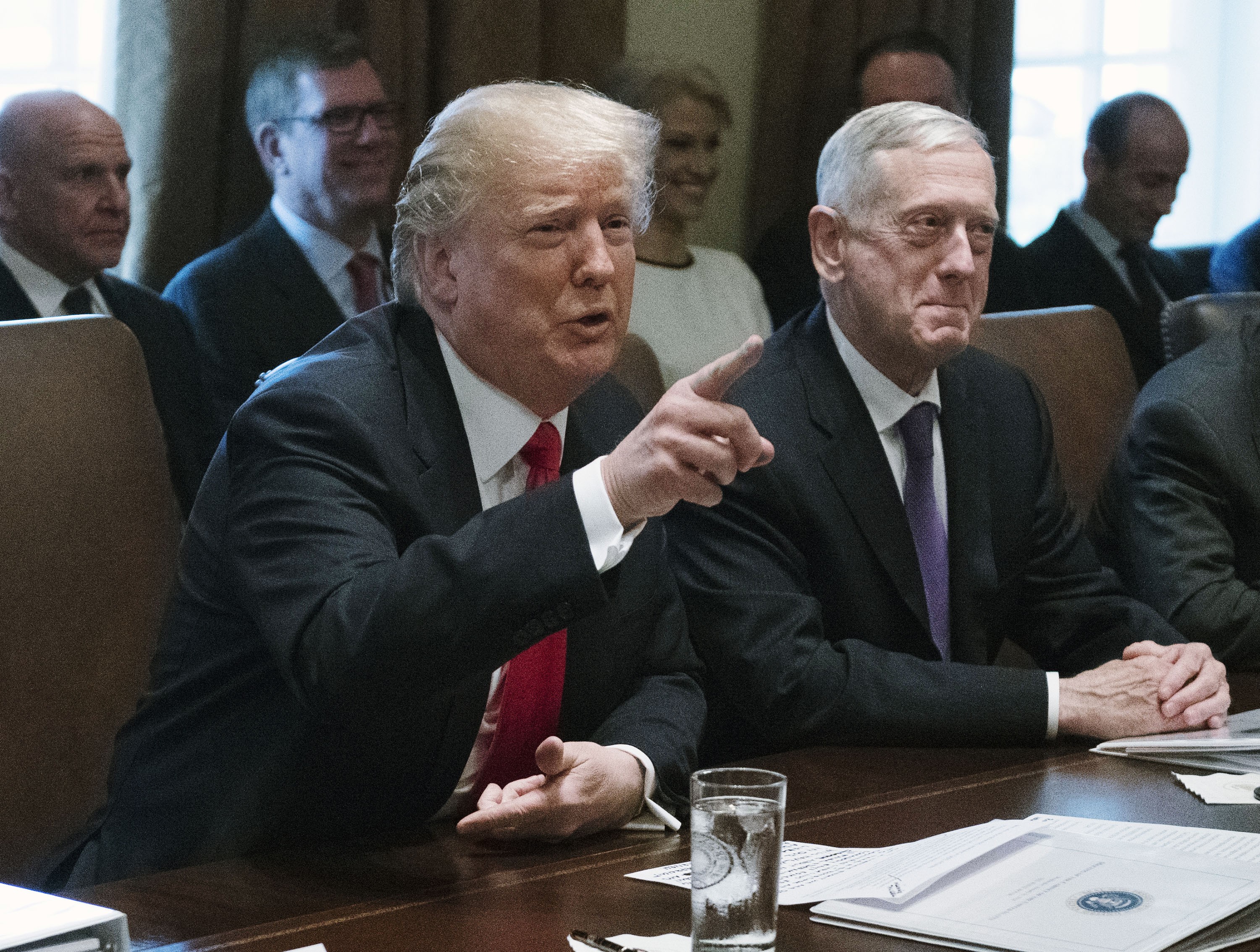 US President Donald Trump, left, speaks while his Secretary of Defence Jim Mattis listens during a cabinet meeting at the White House in Washington in January. The US’ aggressive nuclear posture review comes alongside an increased military budget, requested by Mattis, designed for “great power competition” against China and Russia. Photo: Bloomberg