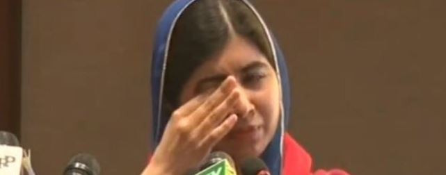 Nobel peace laureate Malala Yousafzai was overcome with emotion as she made a televised speech from the Prime Minister’s House in Islamabad, wiping away tears as she spoke of the beauty of her native Swat valley. Photo: Twitter