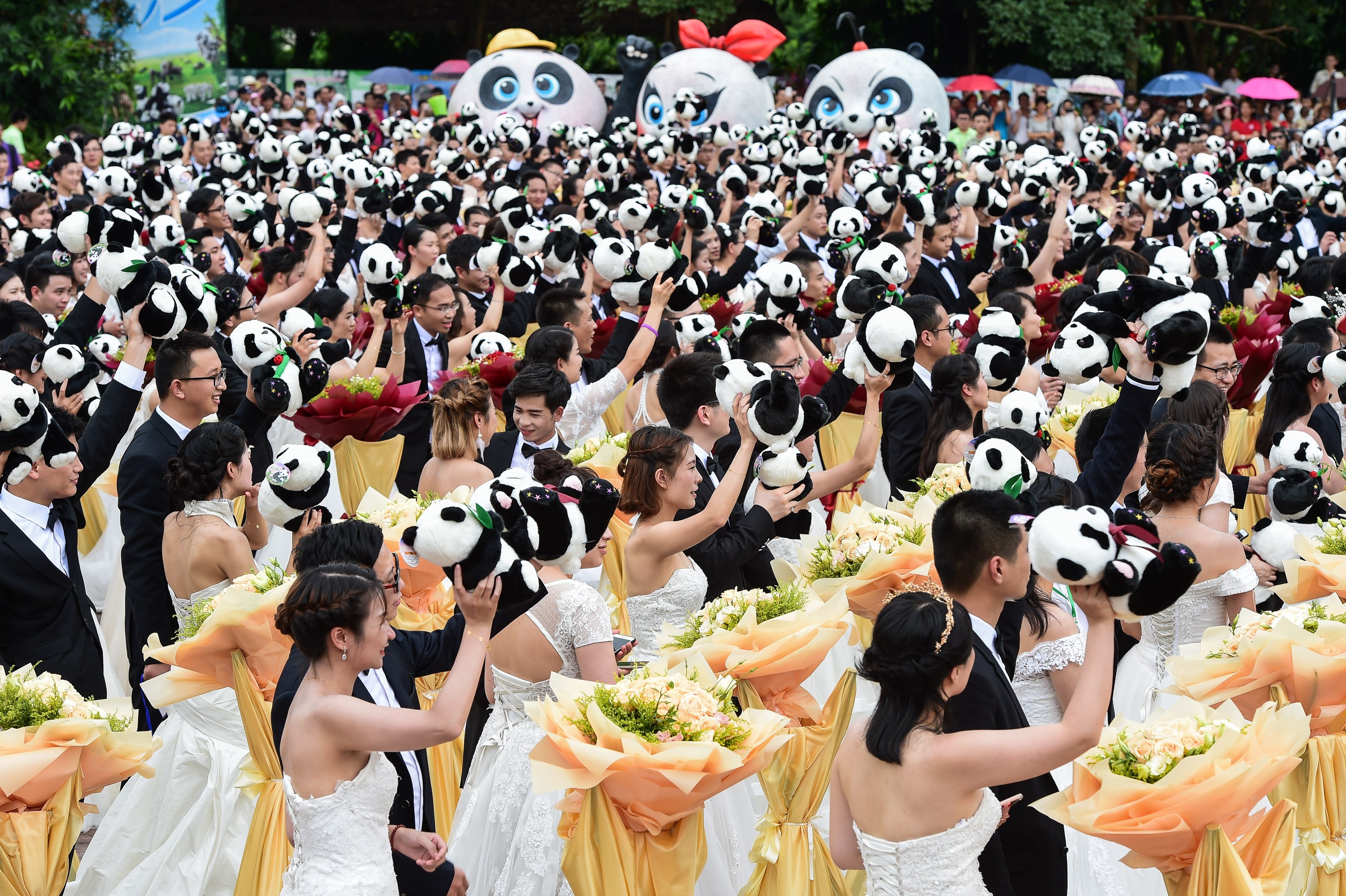 Couples attend a group wedding ceremony at the Chimelong Safari Park in Guangzhou on July 8, 2017. The number of cross-border marriages between Hongkongers and people from the mainland is rising. Photo: Xinhua