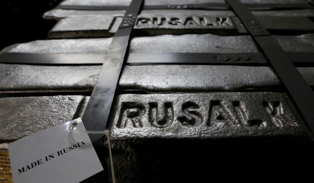 Aluminium ingots are seen stored at the foundry shop of the Rusal aluminium smelter in Krasnoyarsk, Russia, in 2016. Photo: Reuters
