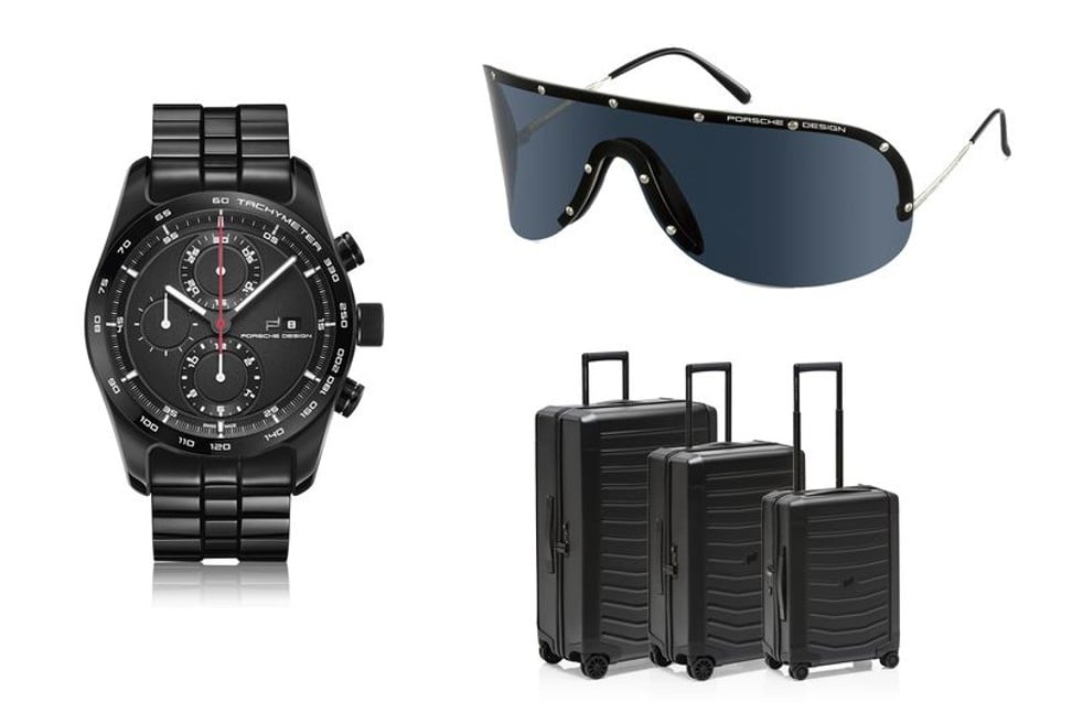 Clockwise, from left: the Chronotimer series 1; P´8479 Sunglasses; and Roadster hardcase luggage set, black edition by Porsche Design. Photo: Porsche Design