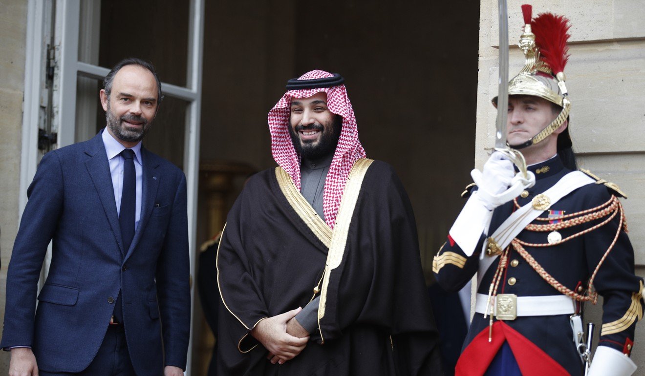 Saudi Arabia Crown Prince Mohammed bin Salman (centre) and French Prime Minister Edouard Philippe in Paris. Photo: AP