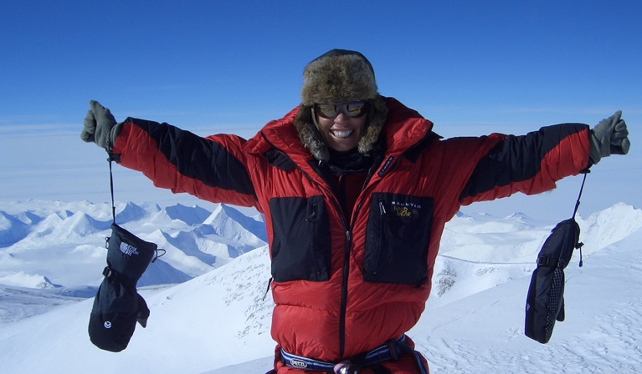Annabelle Bond at the summit of the Vinson Massif in Antarctica during her Seven Summits challenge in 2004.