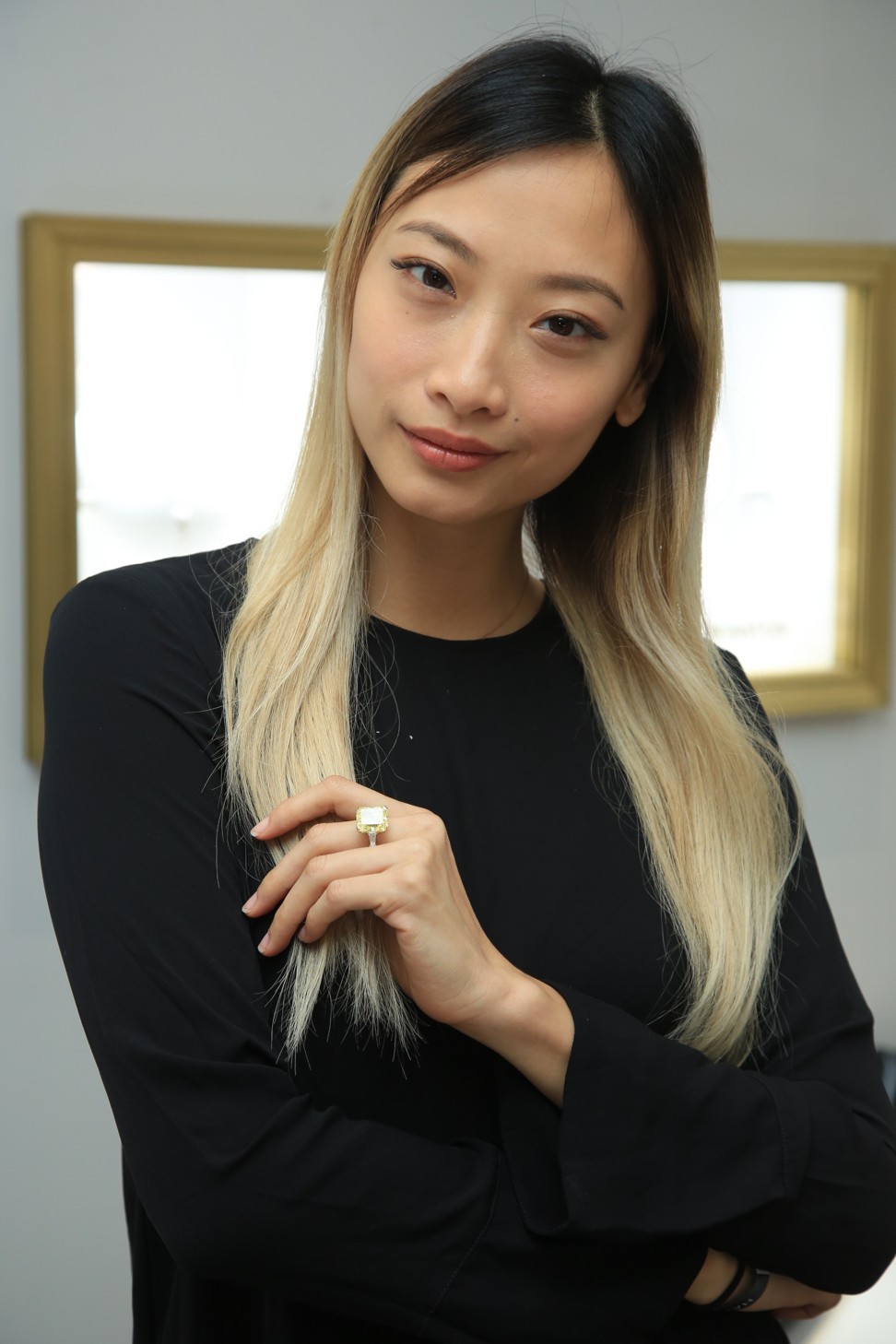 Cindy Ko shows off a diamond ring at Harry Winston’s new store at the Mandarin Oriental.