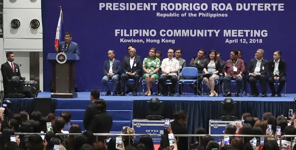 Duterte speaks from the podium at the Kai Tak Cruise Terminal. Photo: K. Y. Cheng