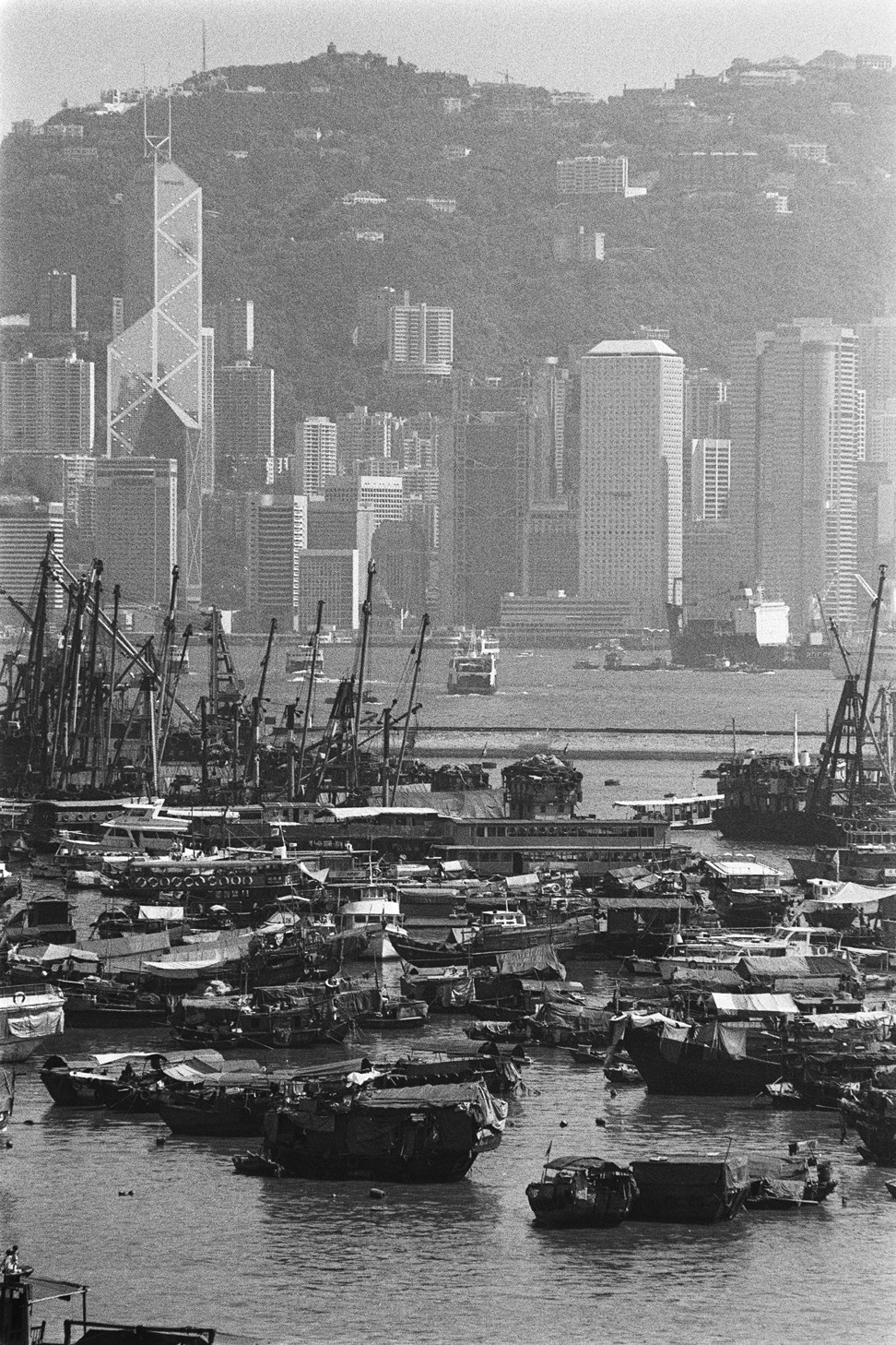 The Yau Ma Tei typhoon shelter with Hong Kong Island in the background.