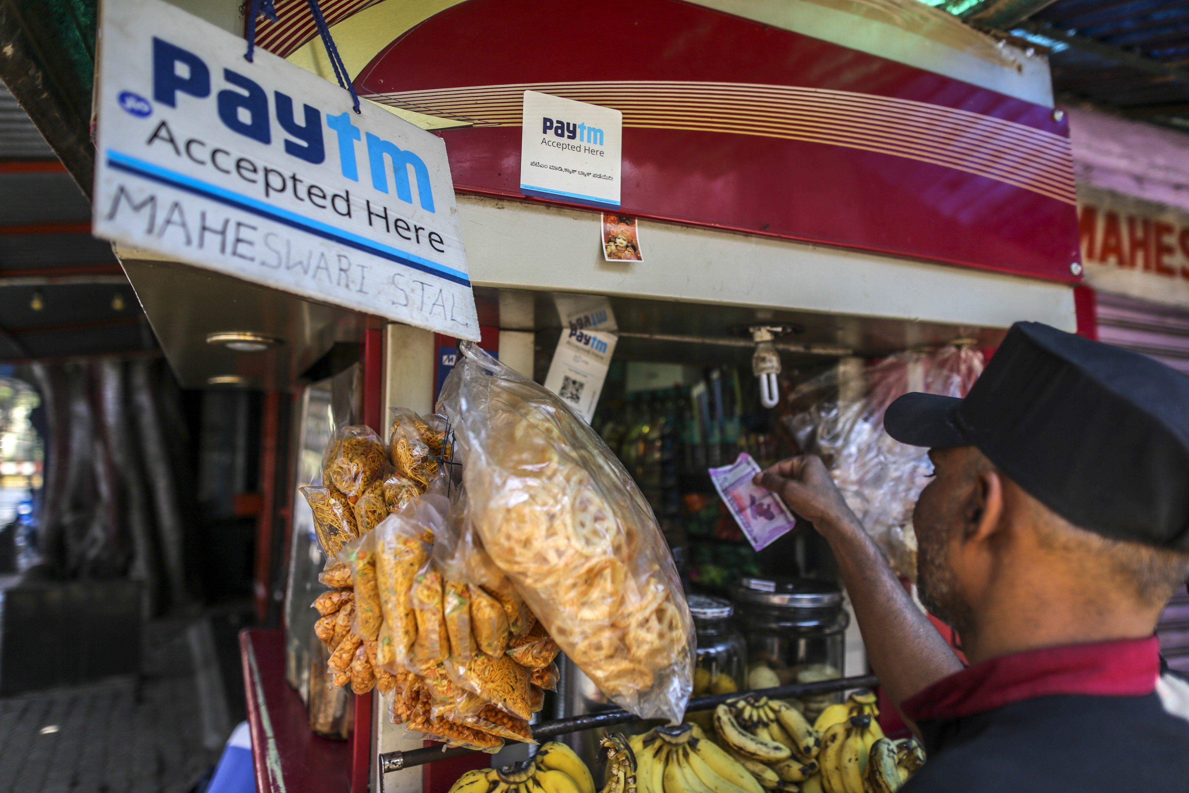 A Paytm sign at a stall selling snacks in Bangalore, India. Photo: Bloomberg