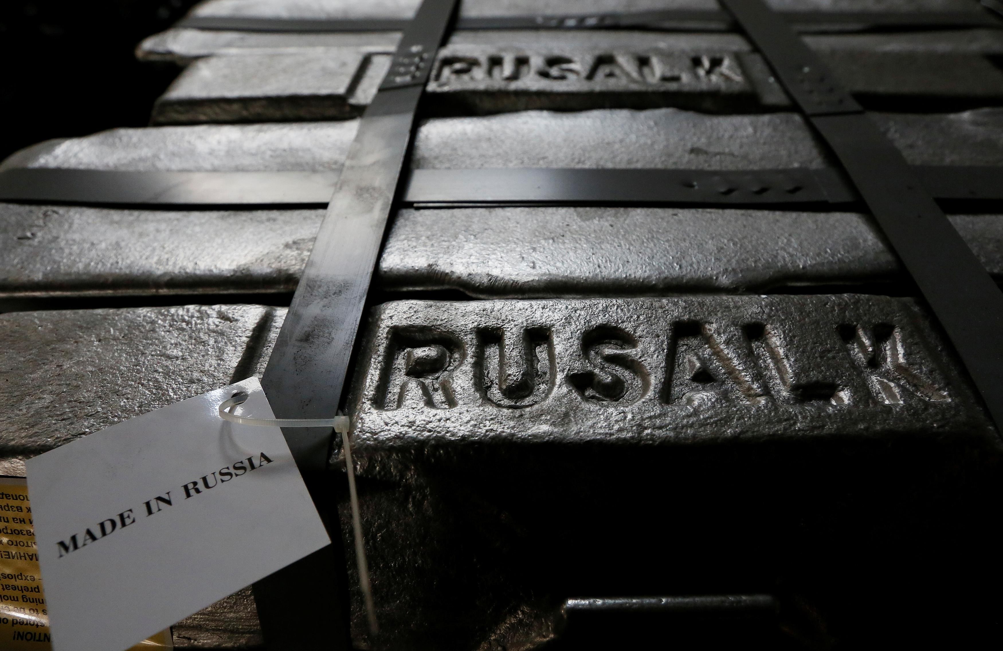 Aluminium ingots are seen at Rusal’s smelter in Krasnoyarsk. Photo: Reuters