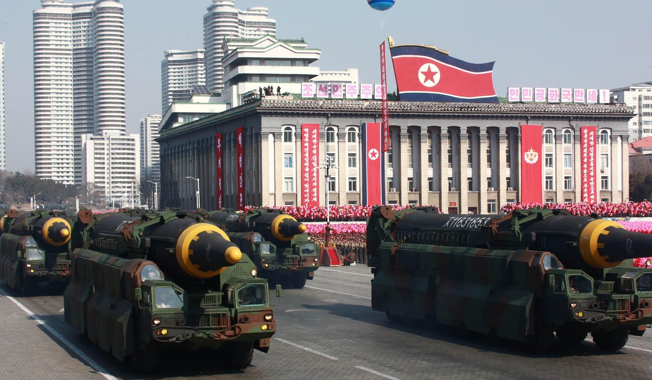 Hwasong-12 missiles are displayed during a military parade in Pyongyang in February. Photo: Korean Central News Agency/Korea News Service via AP